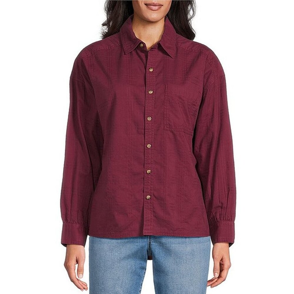 Westbound Petite Woven Plaid Collared Oversized Long Sleeve Top